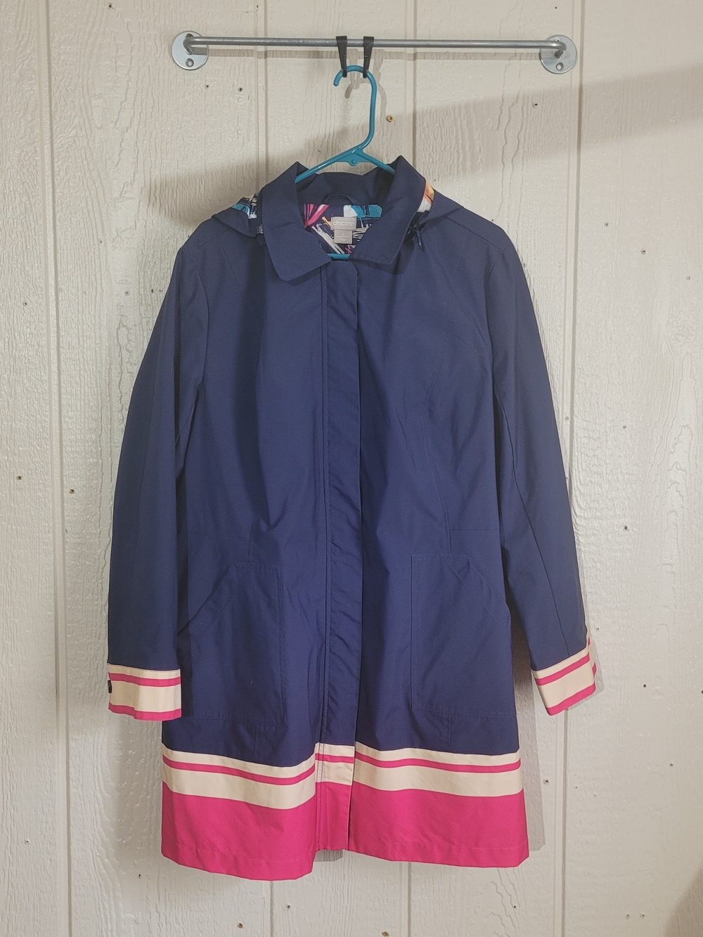 Chico's Navy Raincoat with Pink and Cream Trim